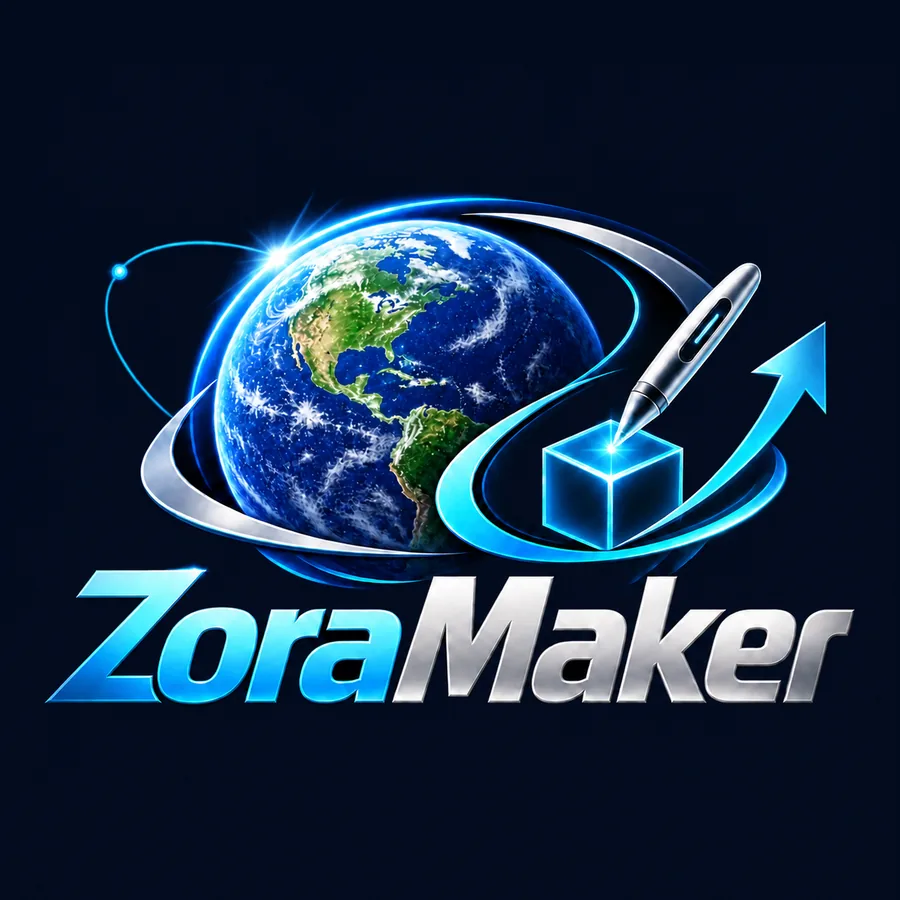 ZoraMaker logo: a globe circled by an orbit, with a stylus making a glowing cube and a rising arrow.